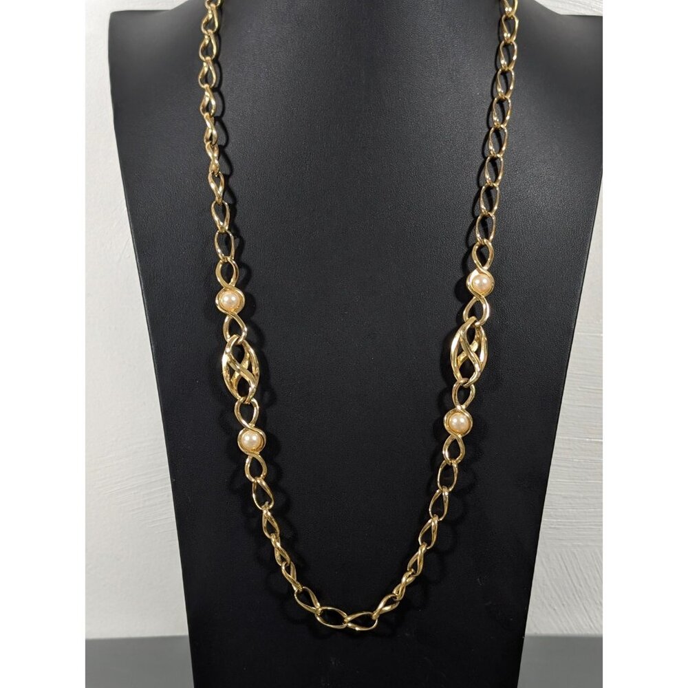 Vintage‎ Gold Tone Faux Pearl Gold Tone Chunky Chain Statement Necklace 30 in